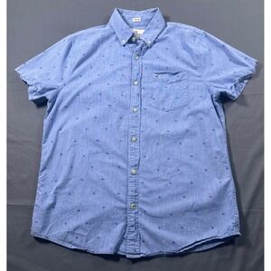Y2K Hollister Mens Blue Palm Tree Epic Stretch Short Sleeve Button Down Size M